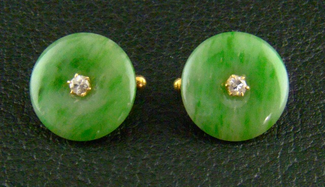 (image for) ANTIQUE 20K YELLOW GOLD JADE DIAMOND EARSTUD